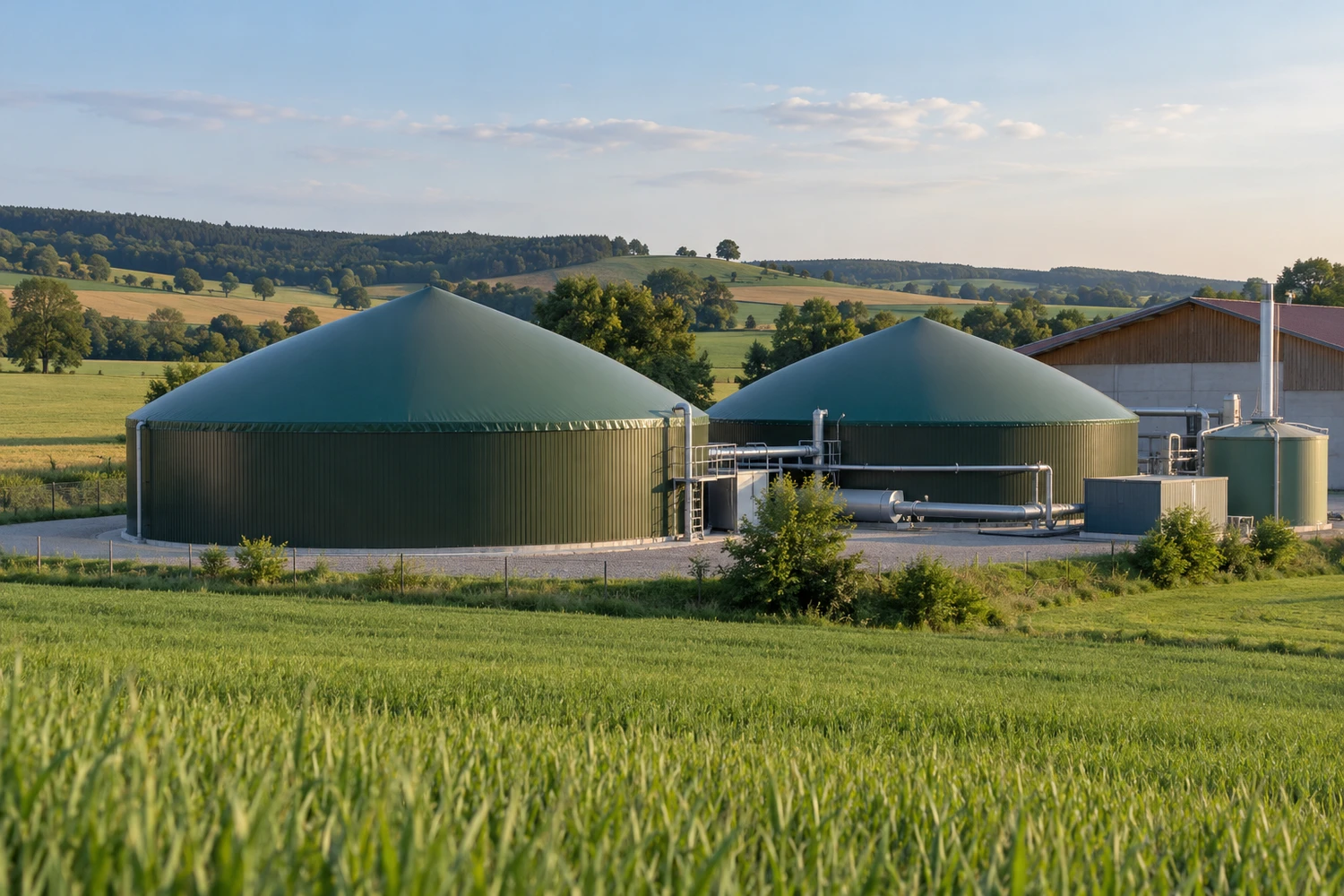 Biogasanlage in ländlicher Umgebung – generierter Fotoplatzhalter